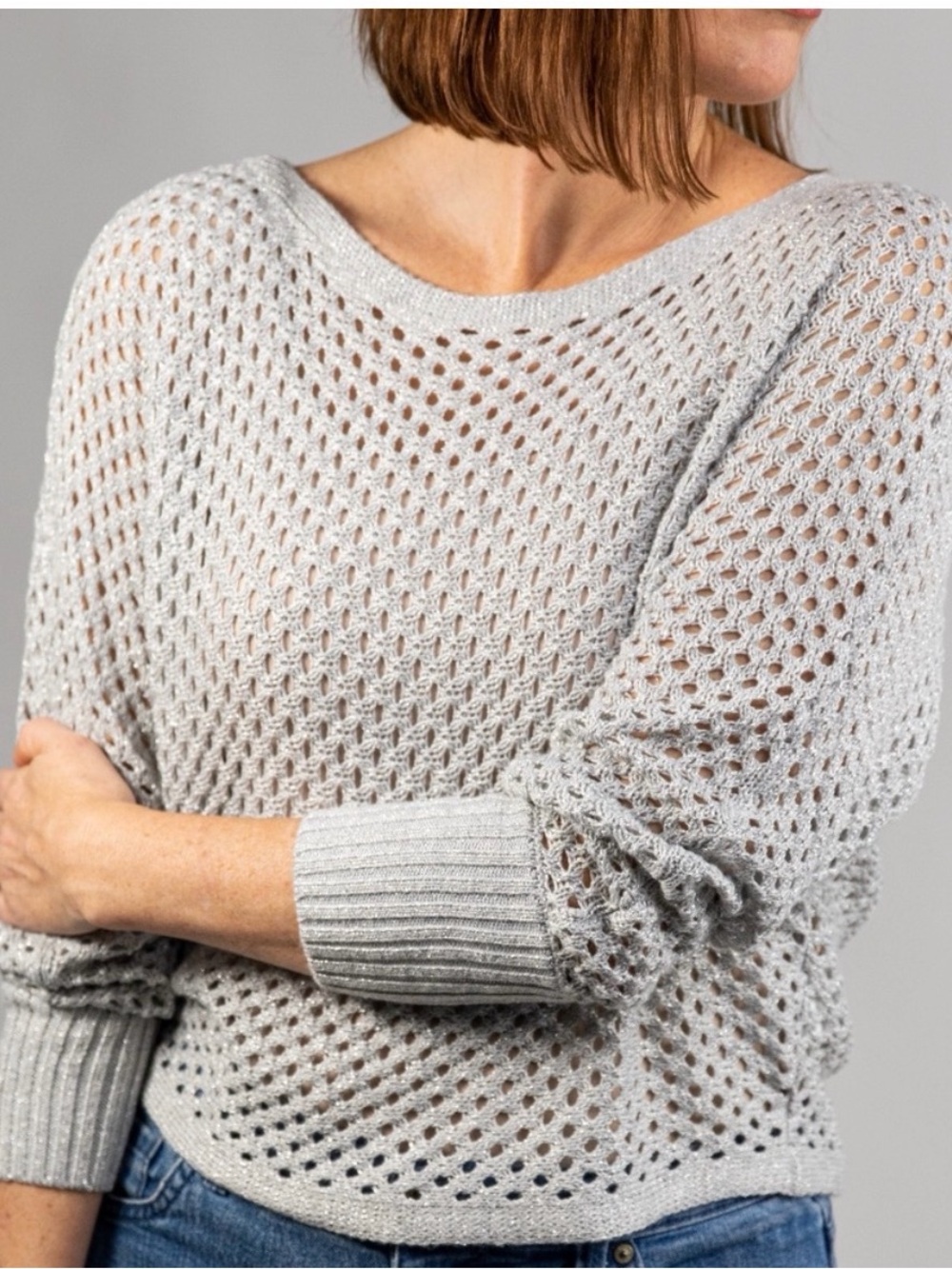 Express Light Gray Open-Knit Scoop Neck Sweater